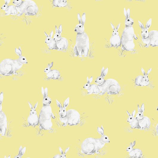 Флизелиновые обои на стену в детскую с рисунком кроликов на желтом фоне
